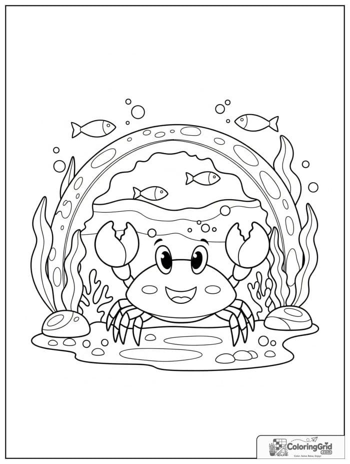 A happy crab stands under a seaweed arch in shallow water with smooth stones, bubbles, and little fish shapes.