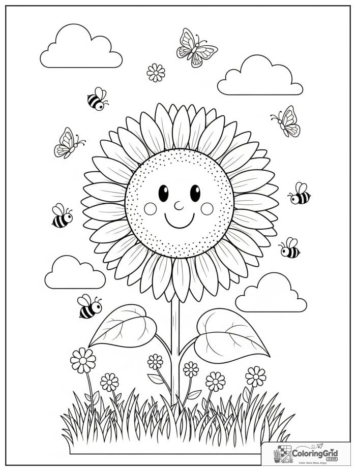 Large sunflower with happy face coloring page