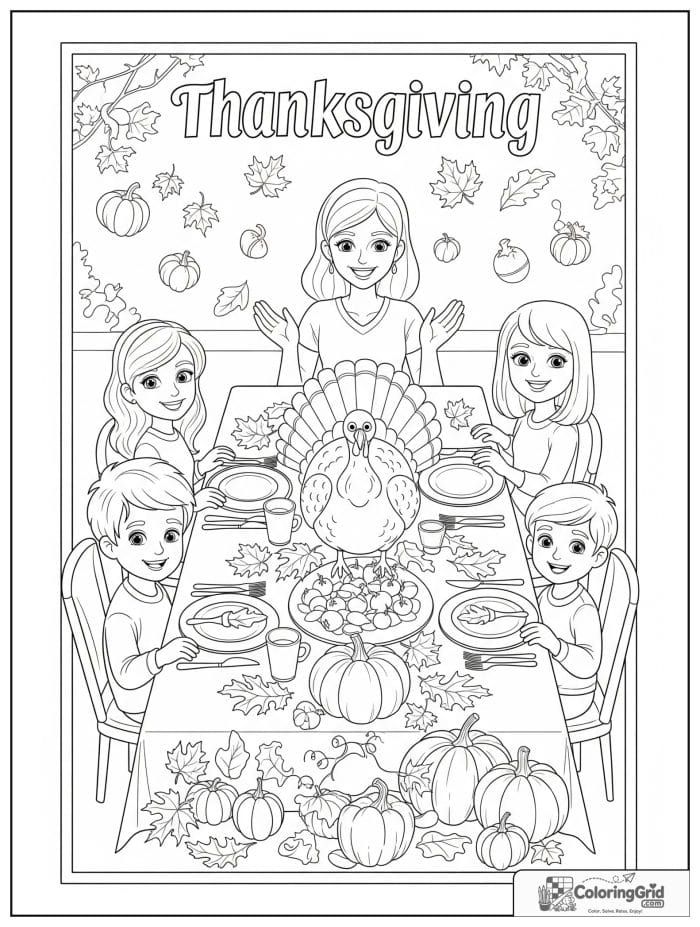 Happy family sitting around a Thanksgiving dinner table coloring page