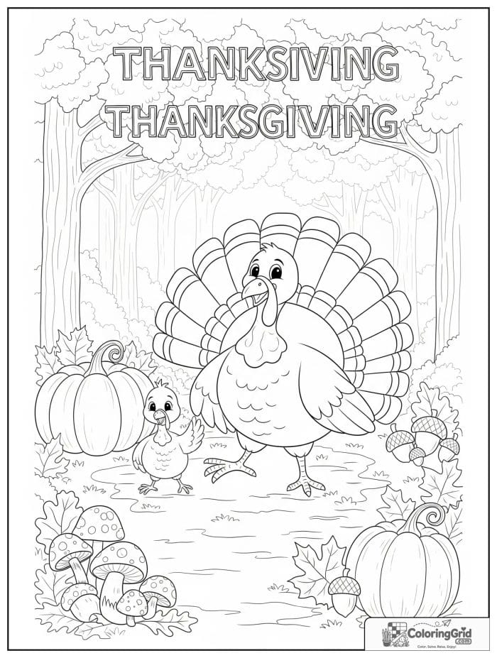 Happy turkey family walking through a fall forest coloring page