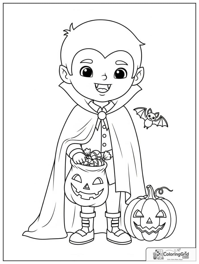 Happy vampire kid holding candy bag Halloween coloring page