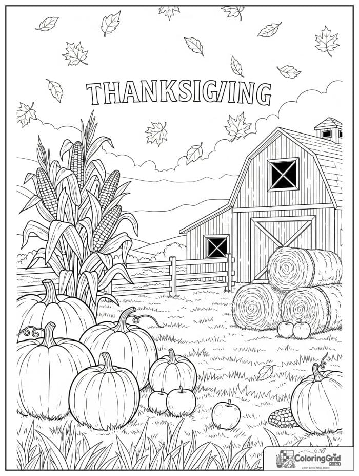 Harvest farm scene with pumpkins and barn coloring page