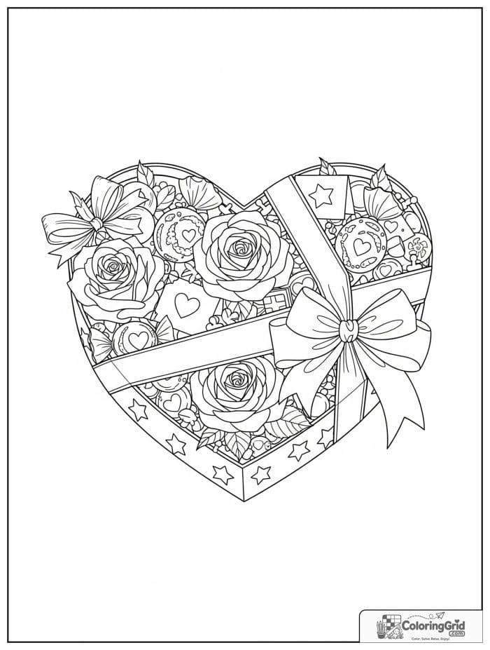 Heart-shaped gift box with roses and candies Valentine's Day coloring page