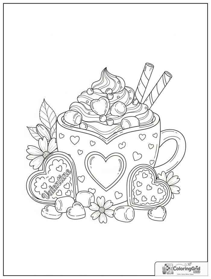 Heart-shaped hot cocoa mug Valentine's Day coloring page