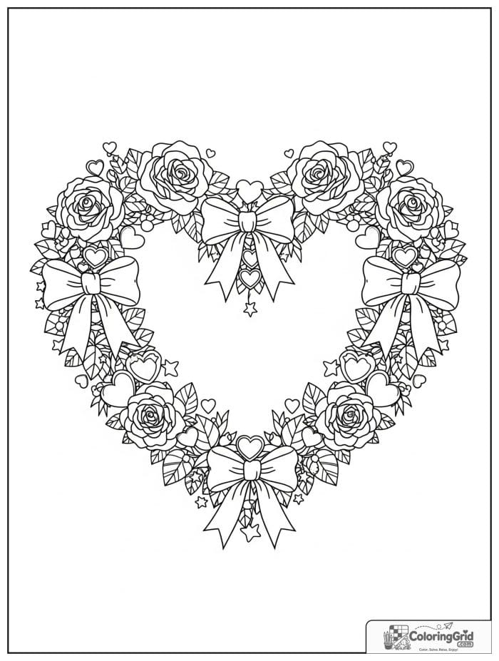 Heart-shaped wreath with roses Valentine's Day coloring page