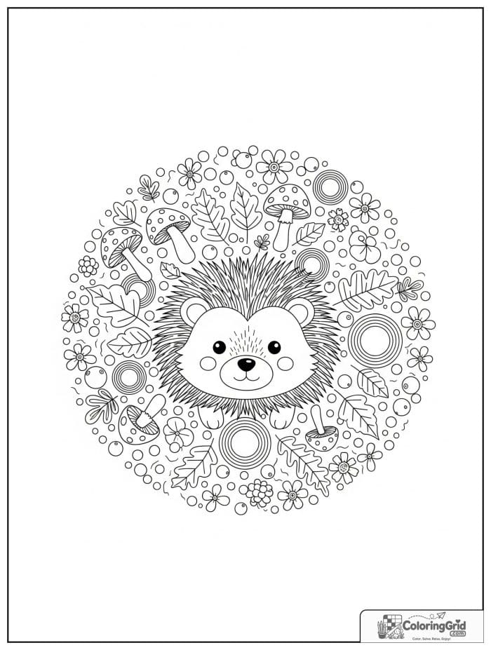 Hedgehog animal mandala coloring page with mushrooms and berries