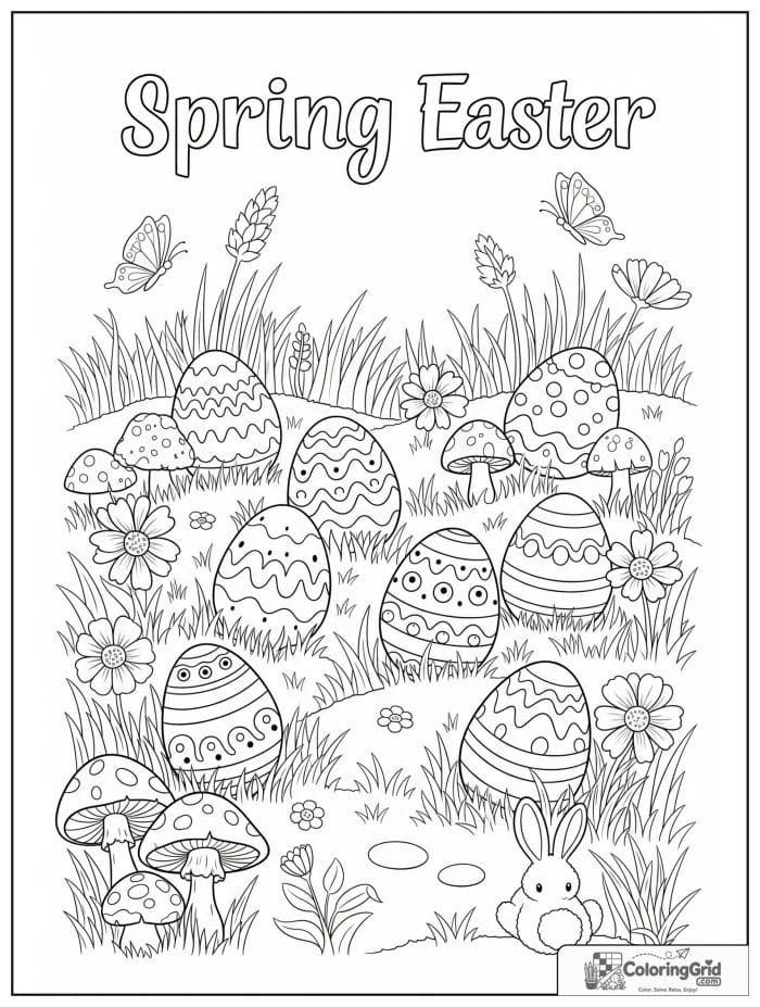 Hidden Easter eggs in spring meadow coloring page