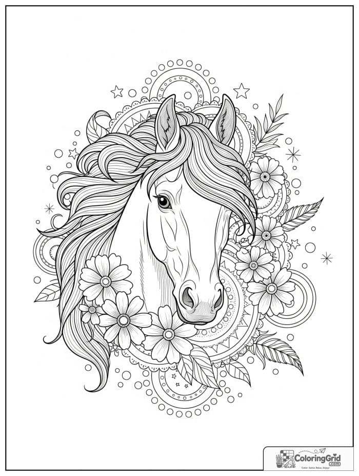 Horse animal mandala coloring page with flowing mane shapes