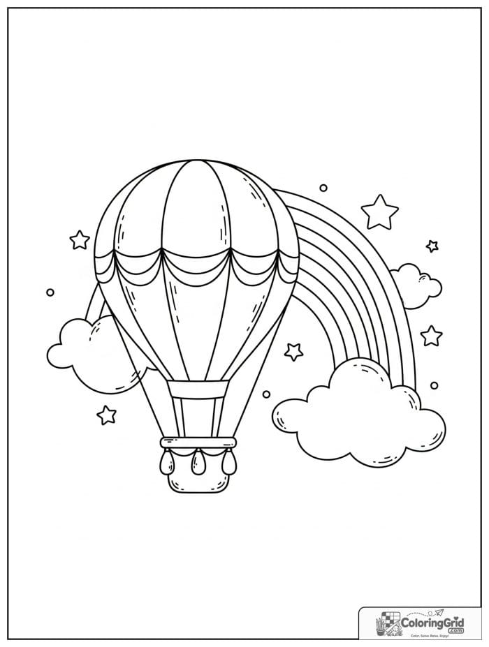 Hot air balloon near rainbow coloring sheet
