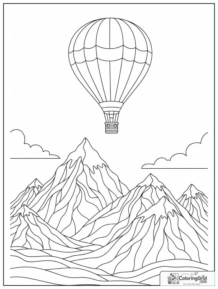 Hot air balloon over mountains coloring sheet