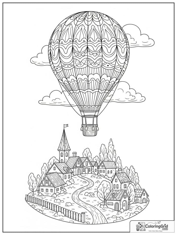 Hot air balloon over village coloring sheet