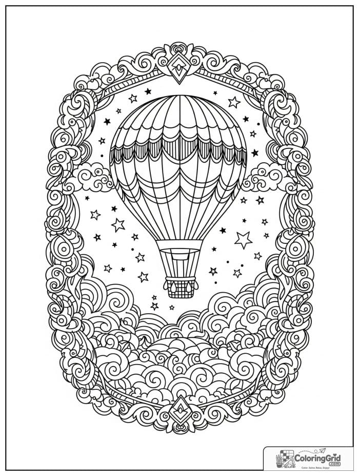Hot air balloon through cloud frame coloring sheet