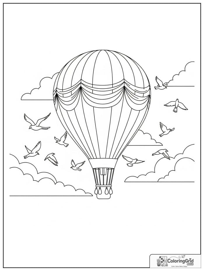 Hot air balloon with birds coloring sheet