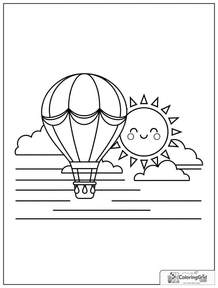 Hot air balloon with sun and clouds coloring sheet