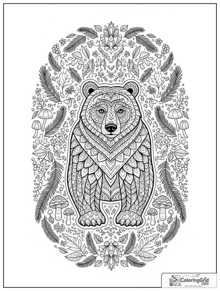 Detailed bear inside an ornate forest border.