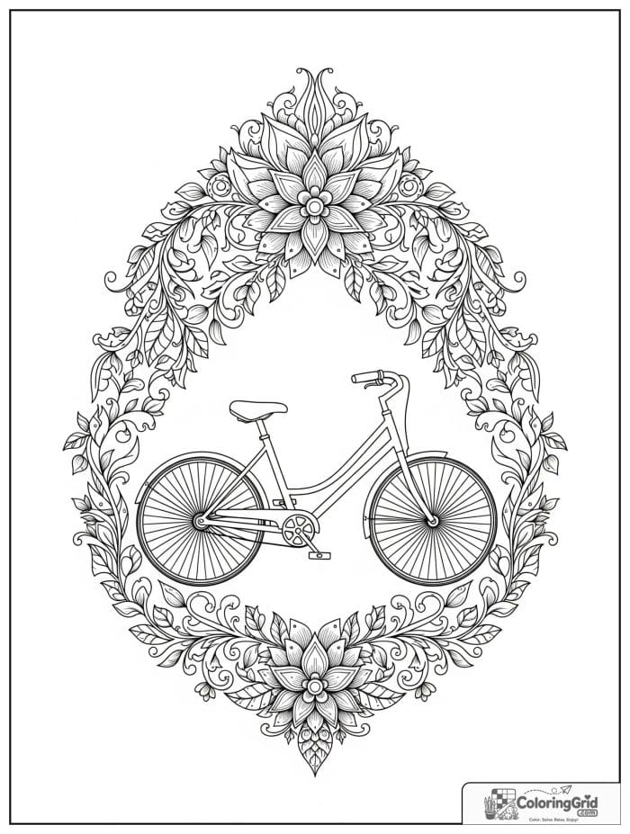 Intricate bicycle inside a decorative floral frame.