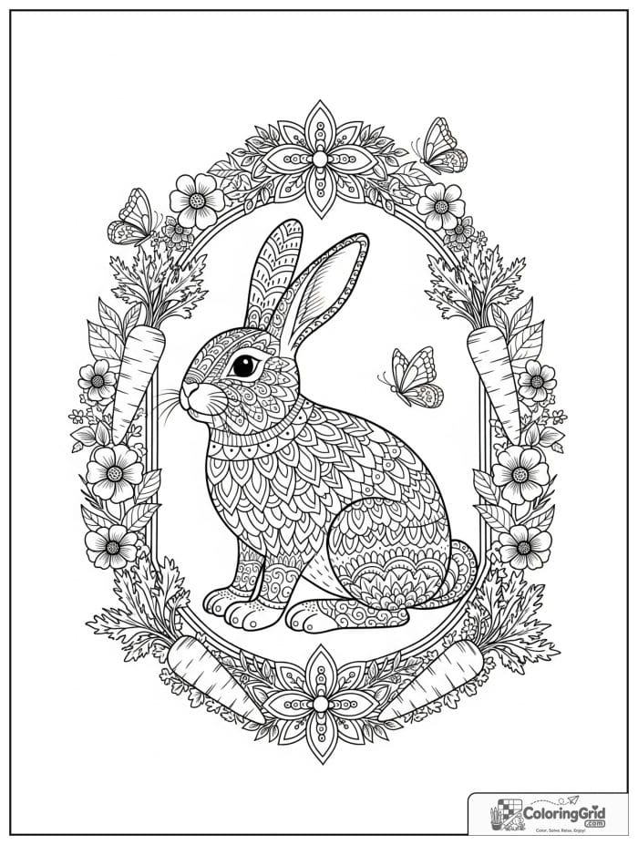 Detailed rabbit inside an ornate garden border.