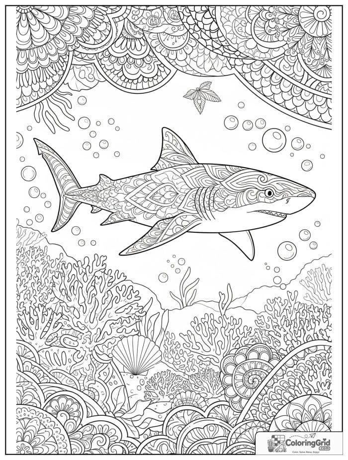 Detailed shark in an ornate reef pattern scene.