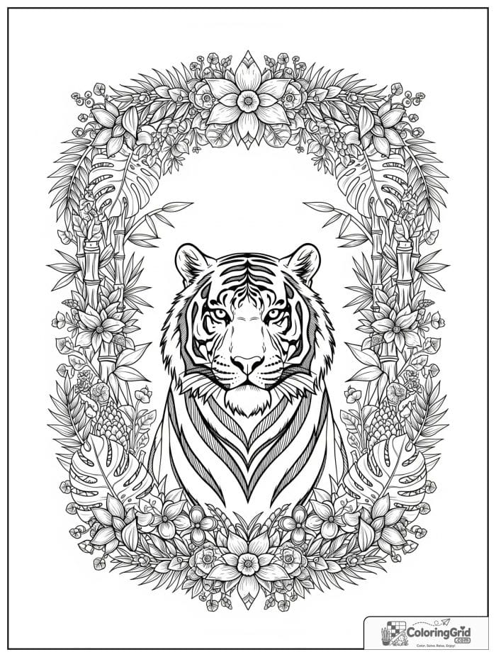 Detailed tiger inside an ornate jungle border.