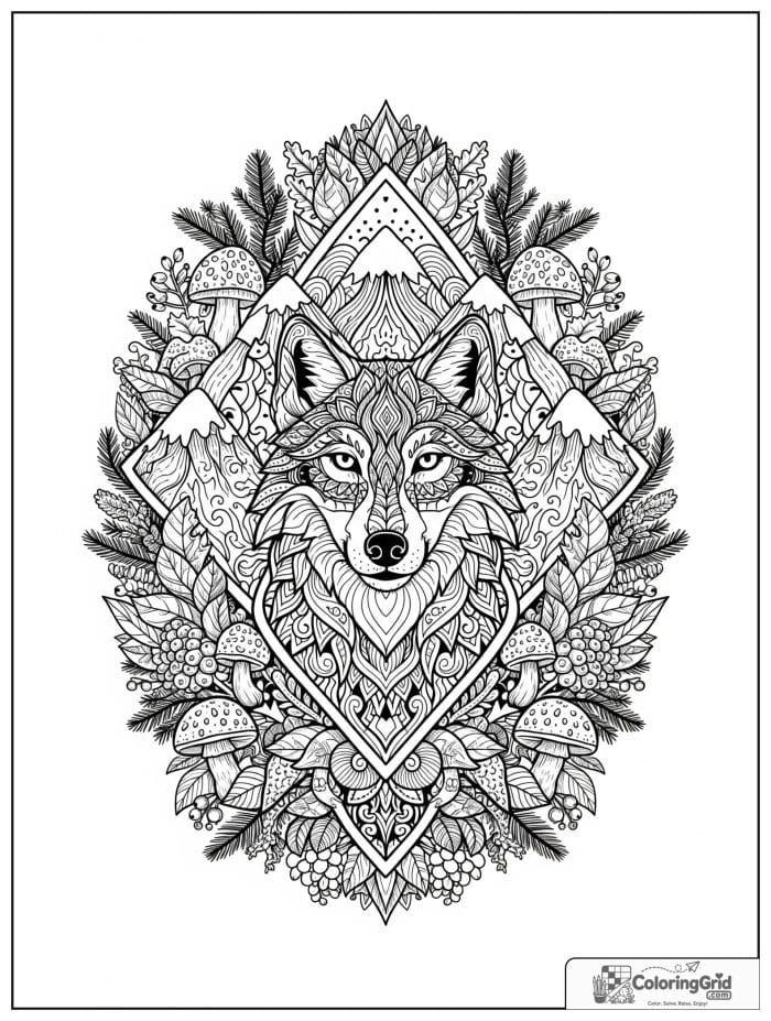 Detailed wolf inside an ornate forest border.