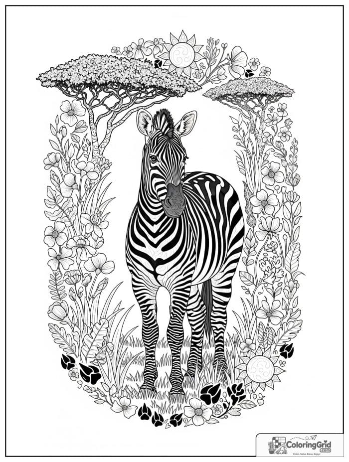 Detailed zebra inside an ornate savanna border.