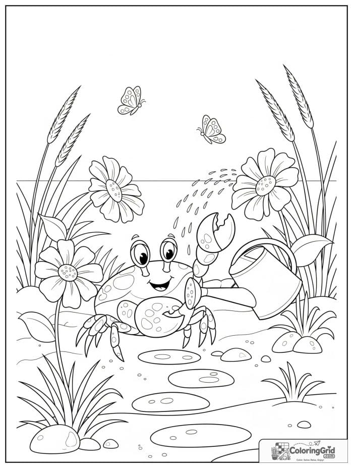 A jolly crab waters big beach flowers in a sandy garden with butterflies, stones, and grass.