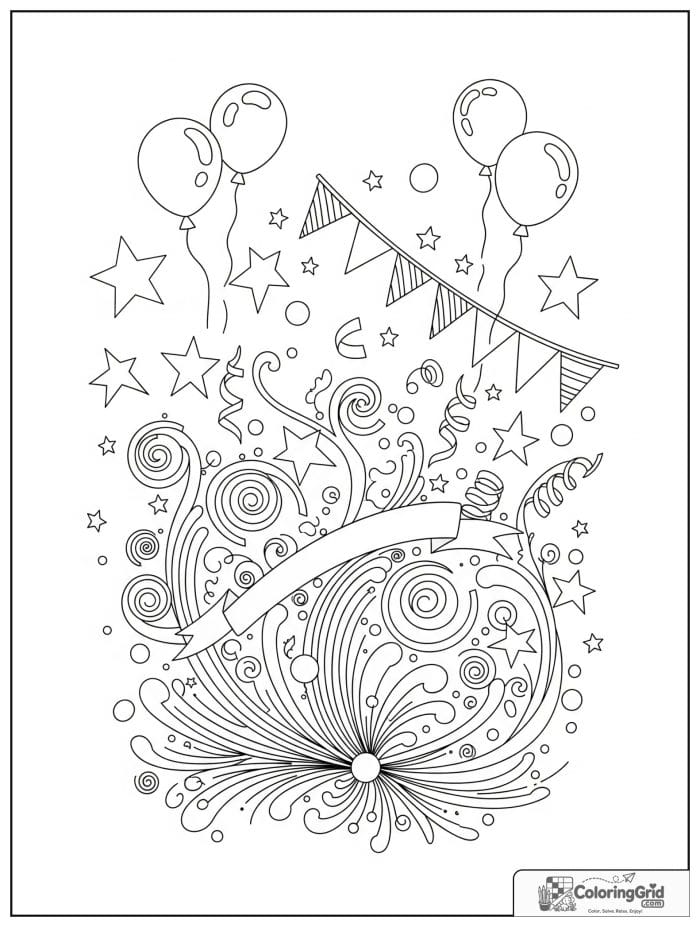 Joyful abstract celebration coloring page with balloons stars and ribbons