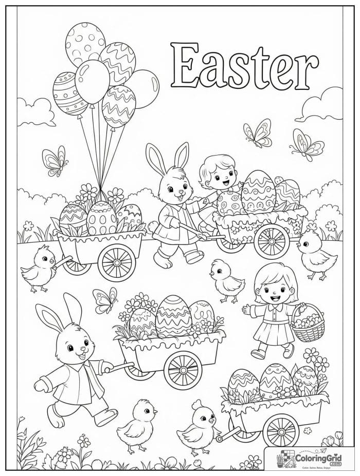 Joyful Easter parade with bunnies and chicks coloring page