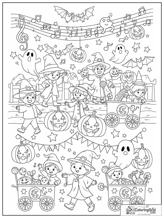 Joyful Halloween parade coloring page