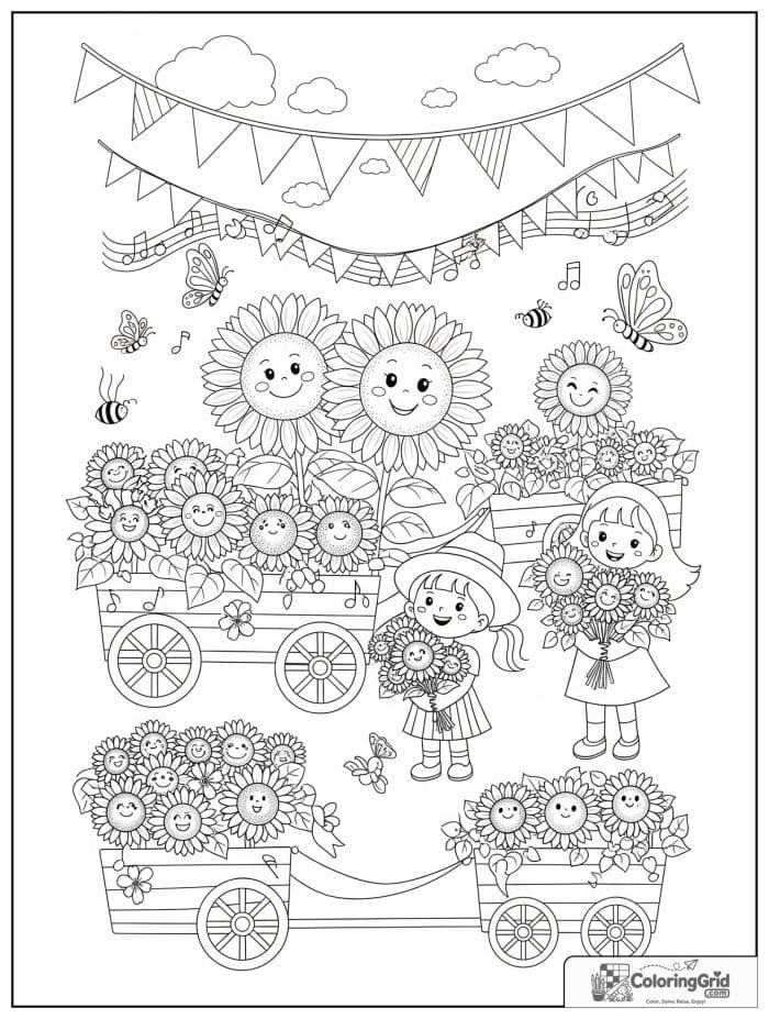 Joyful sunflower parade with smiling sunflowers coloring page