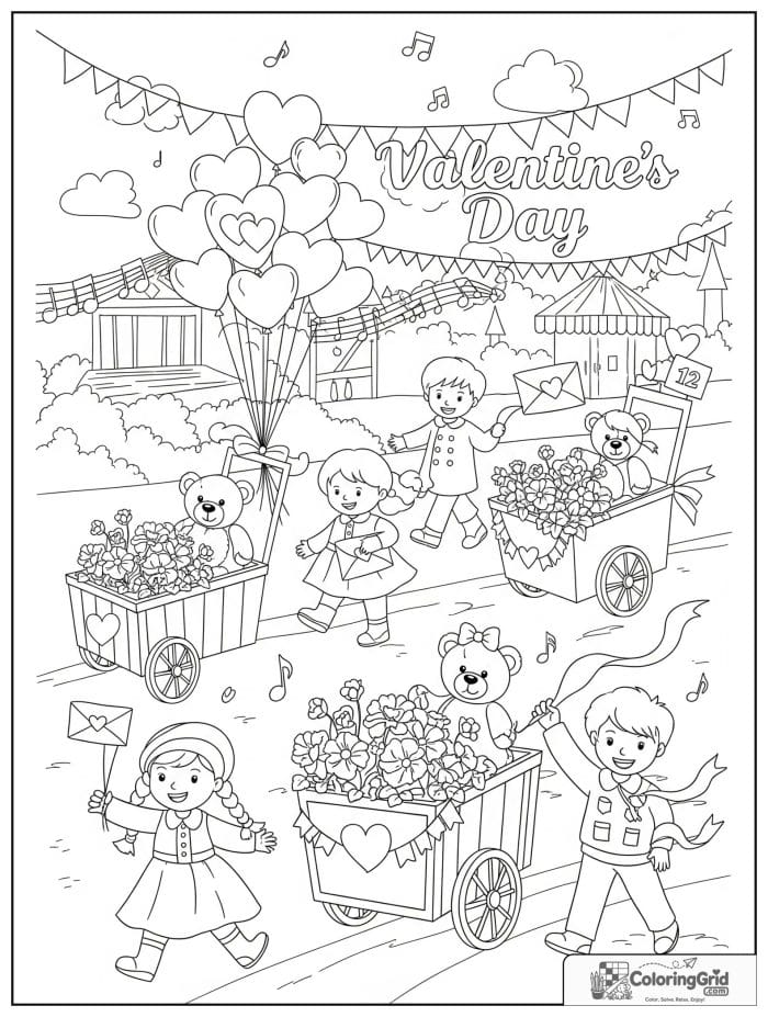 Joyful Valentine's Day parade with children and heart balloons coloring page