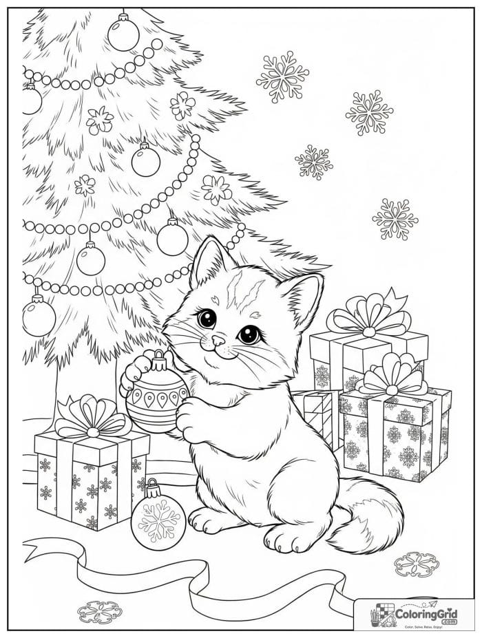 Kitten playing with Christmas ornaments under tree coloring page