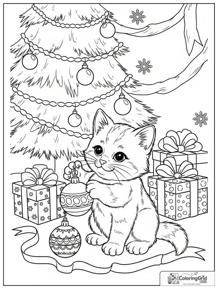 Kitten playing with Christmas ornaments under tree coloring page