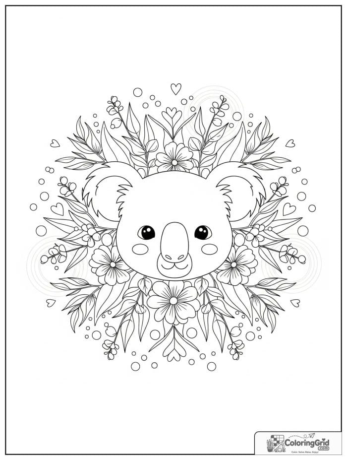 Koala animal mandala coloring page with eucalyptus leaves