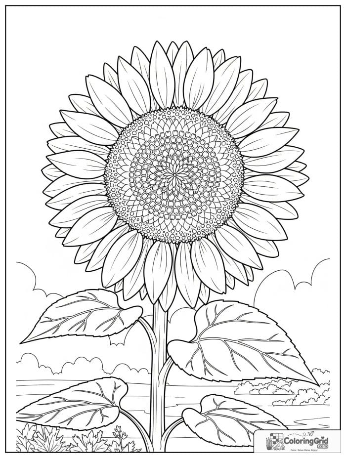 Large blooming sunflower with wide petals coloring page
