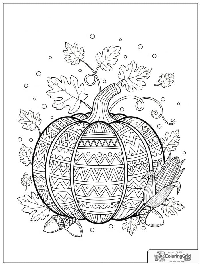 Large decorated pumpkin with autumn patterns coloring page