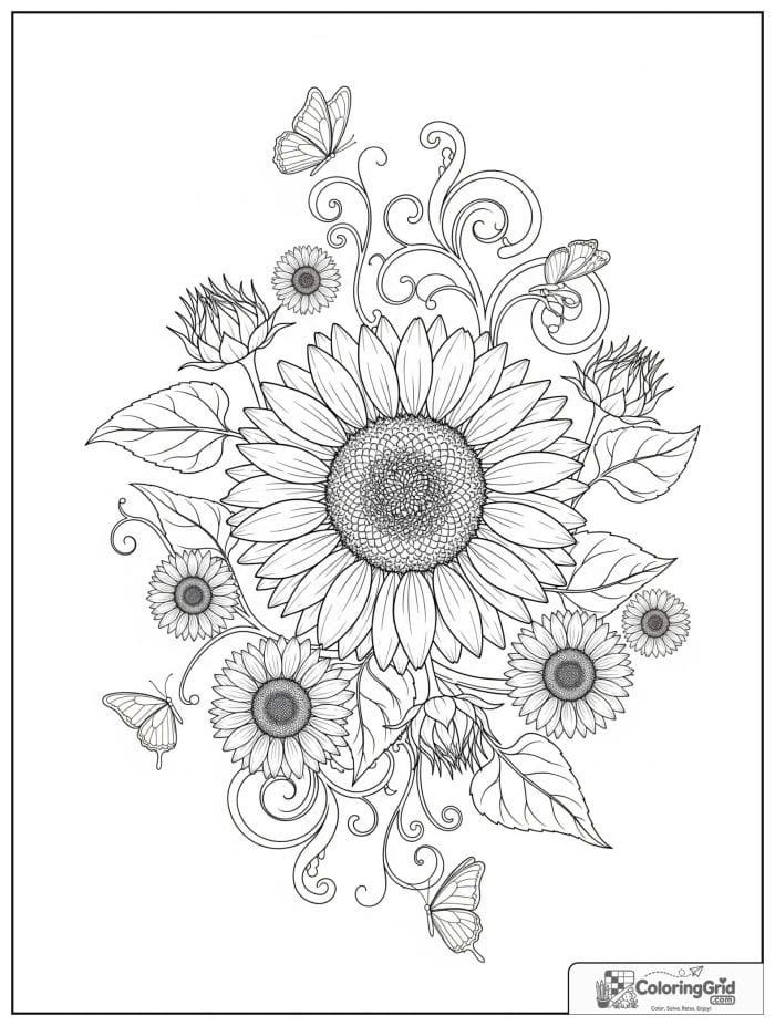 Large sunflower surrounded by smaller buds coloring page