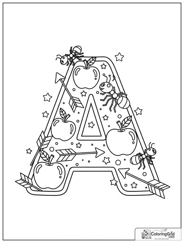 Letter A alphabet coloring page with apples ants and arrows