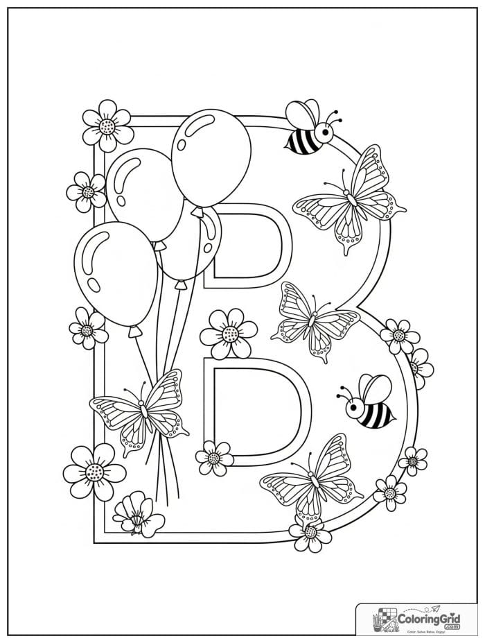 Letter B alphabet coloring page with balloons butterflies and bees
