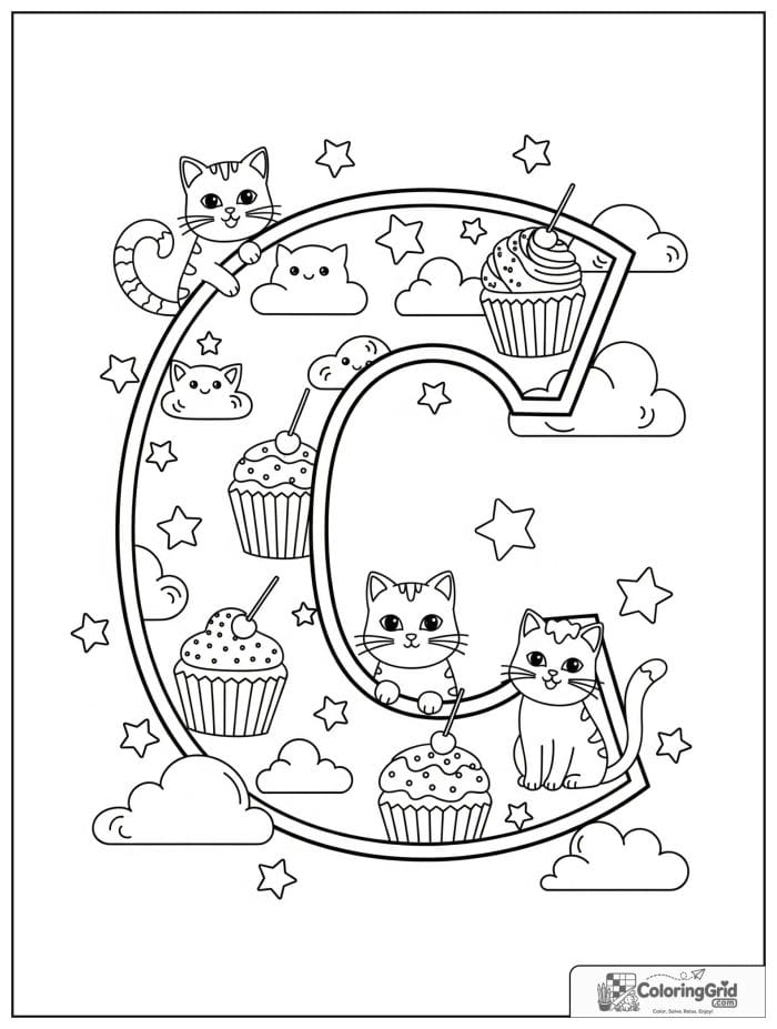 Letter C alphabet coloring page with cats cupcakes and clouds