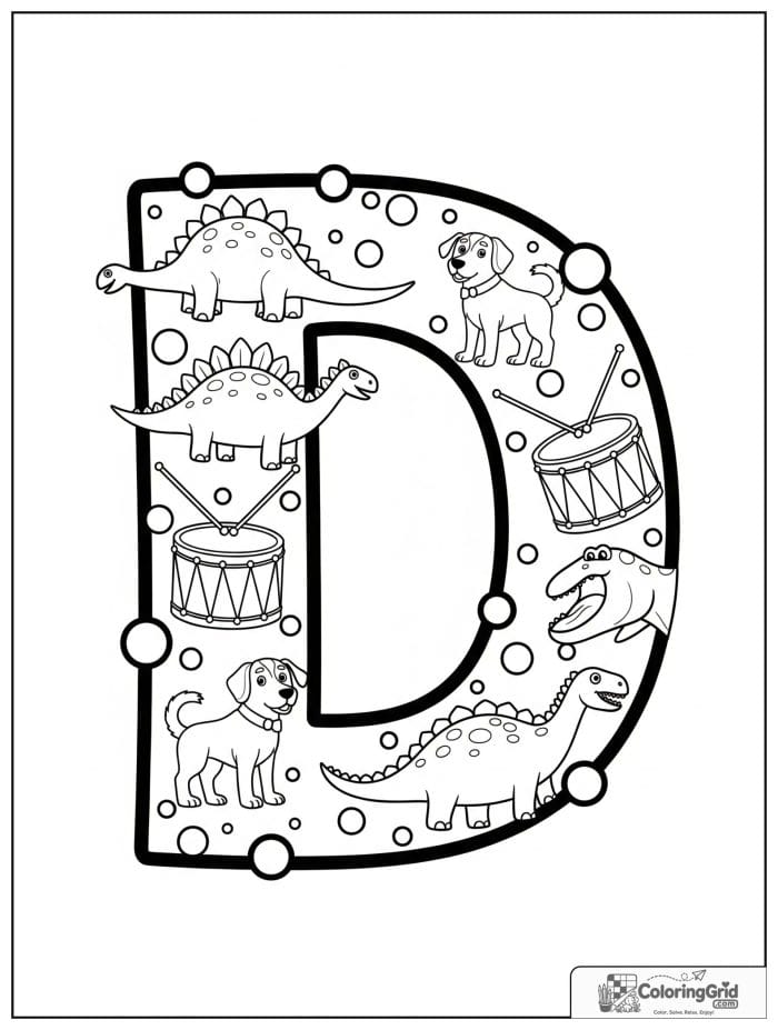 Letter D alphabet coloring page with dinosaurs dogs and drums