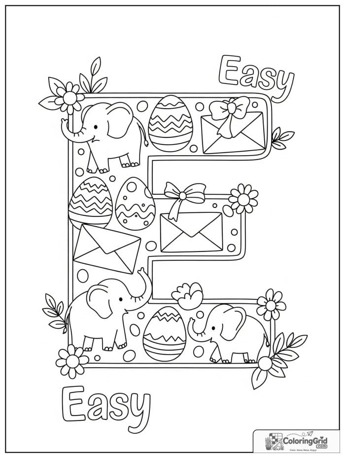 Letter E alphabet coloring page with elephants eggs and envelopes