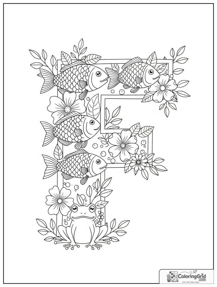 Letter F alphabet coloring page with fish flowers and frogs