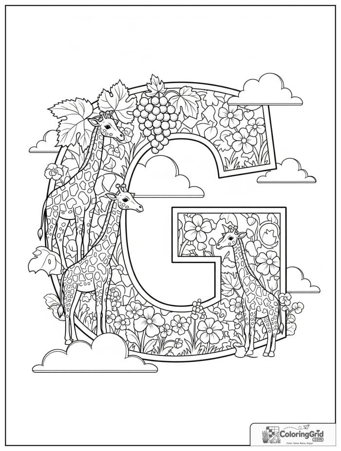 Letter G alphabet coloring page with giraffes grapes and garden flowers