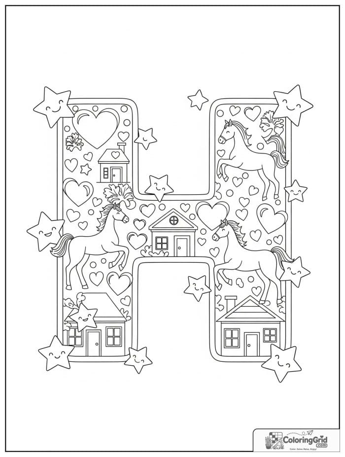 Letter H alphabet coloring page with hearts horses and houses