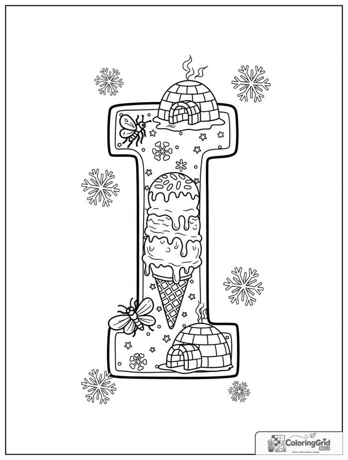 Letter I alphabet coloring page with ice cream igloo and insects