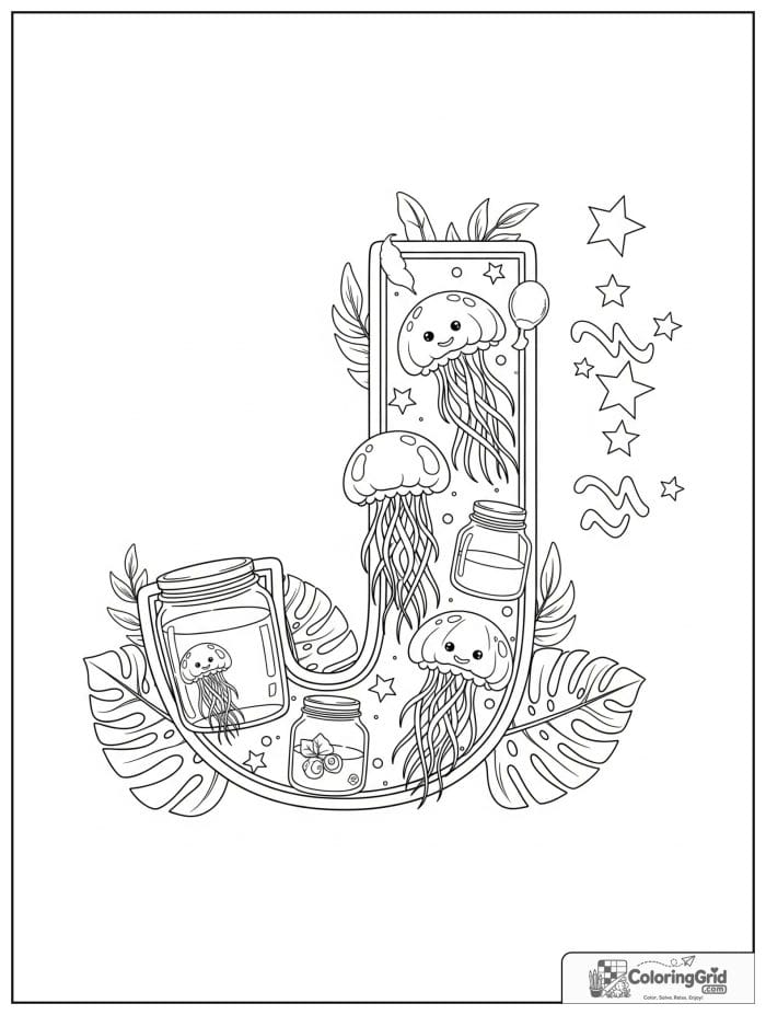 Letter J alphabet coloring page with jellyfish jars and jungle leaves