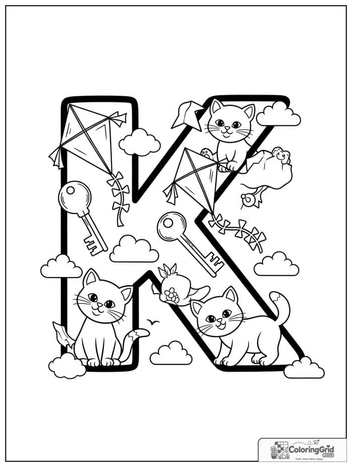 Letter K alphabet coloring page with kites kittens and keys