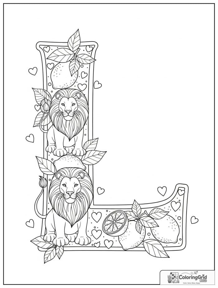 Letter L alphabet coloring page with lions lemons and leaves