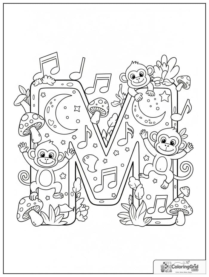 Letter M alphabet coloring page with monkeys moons and mushrooms